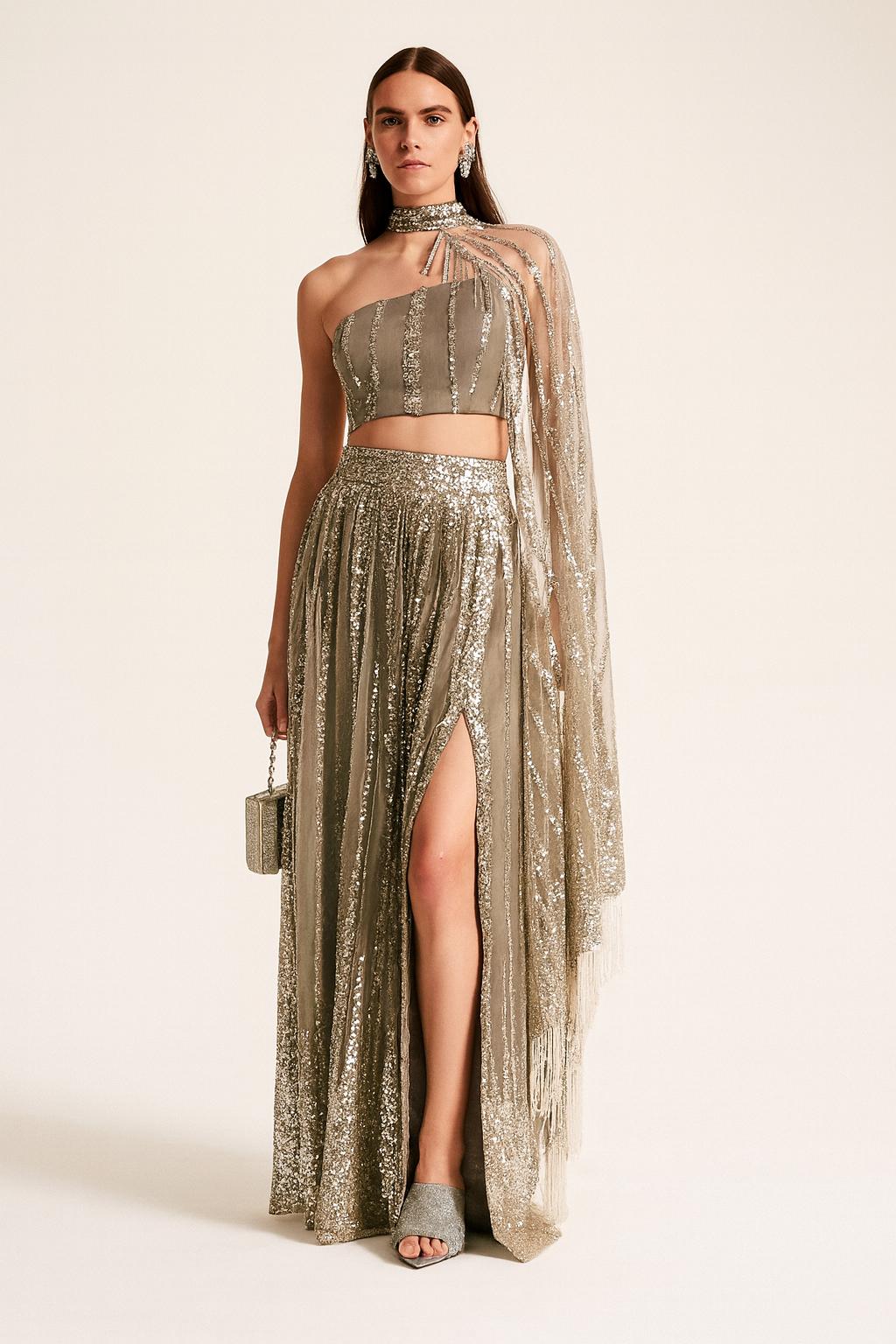Champagne Sequin Slit Lehenga Set