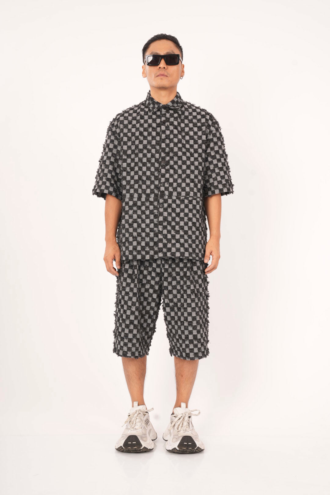 Grey Textured Checkered Shorts Co-ord Set