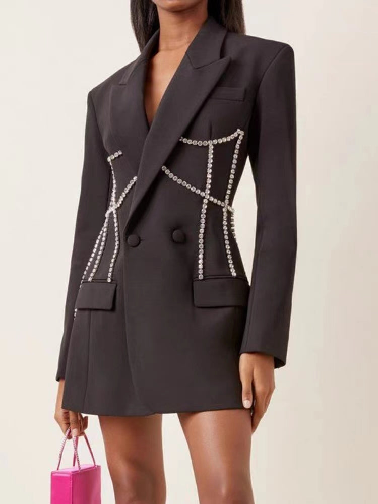 Black Crystal Embellished Blazer Dress