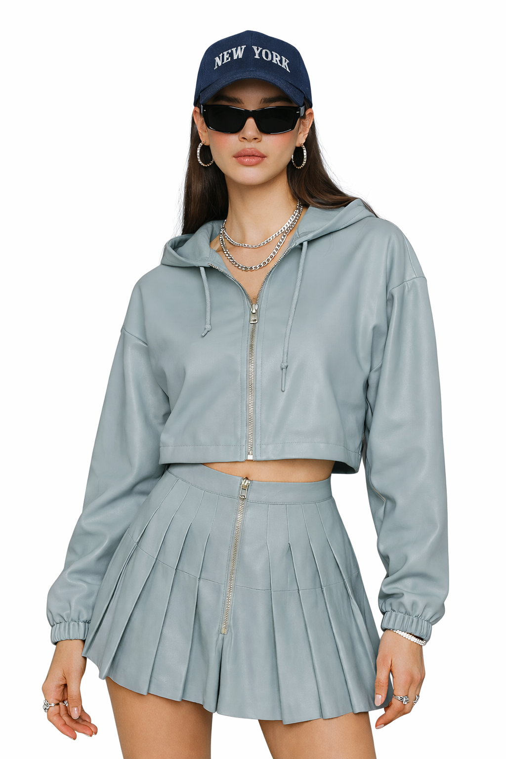 Ice Grey Faux Leather Pleated Skirt Set
