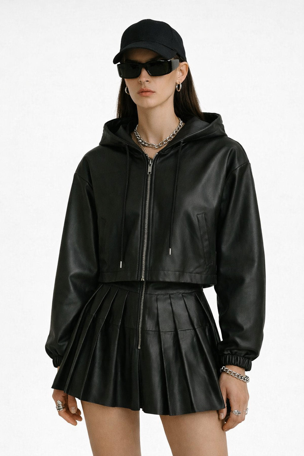 Black Faux Leather Pleated Skirt Set