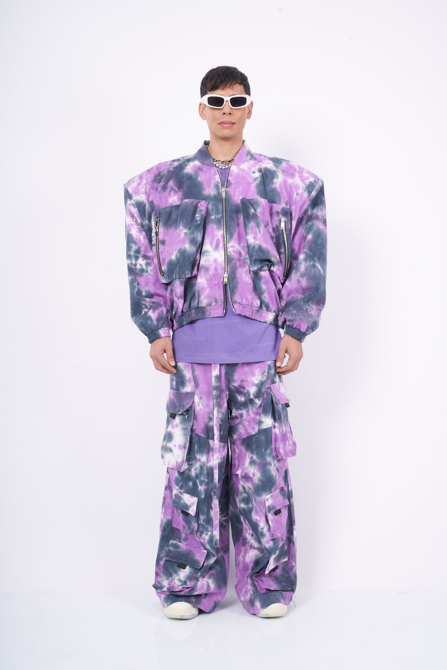 Purple Tie-Dye Oversized Utility Cargo Coord Set