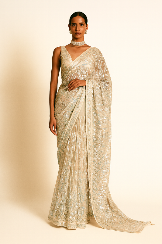 Ivory Illusion Mirror Work Saree