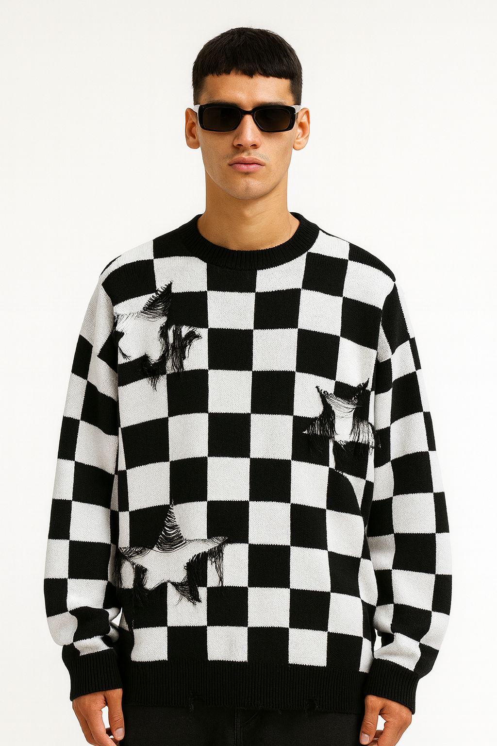 Distressed Checkerboard Knit Jumper