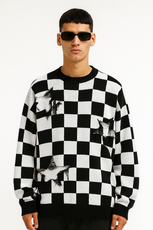 Distressed Checkerboard Knit Jumper