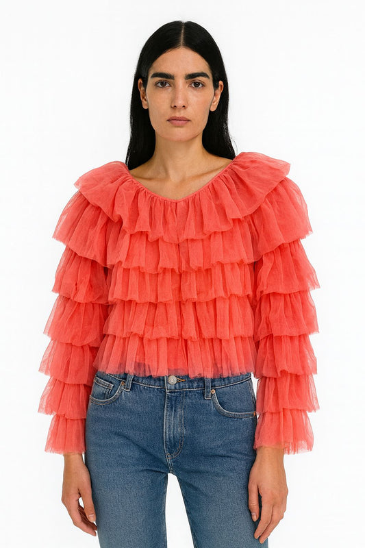 Coral Ruffled Tulle Statement Top