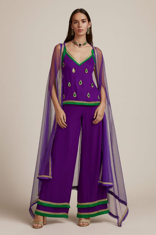 Purple Embellished Cape Co-ord Set with Green Accents