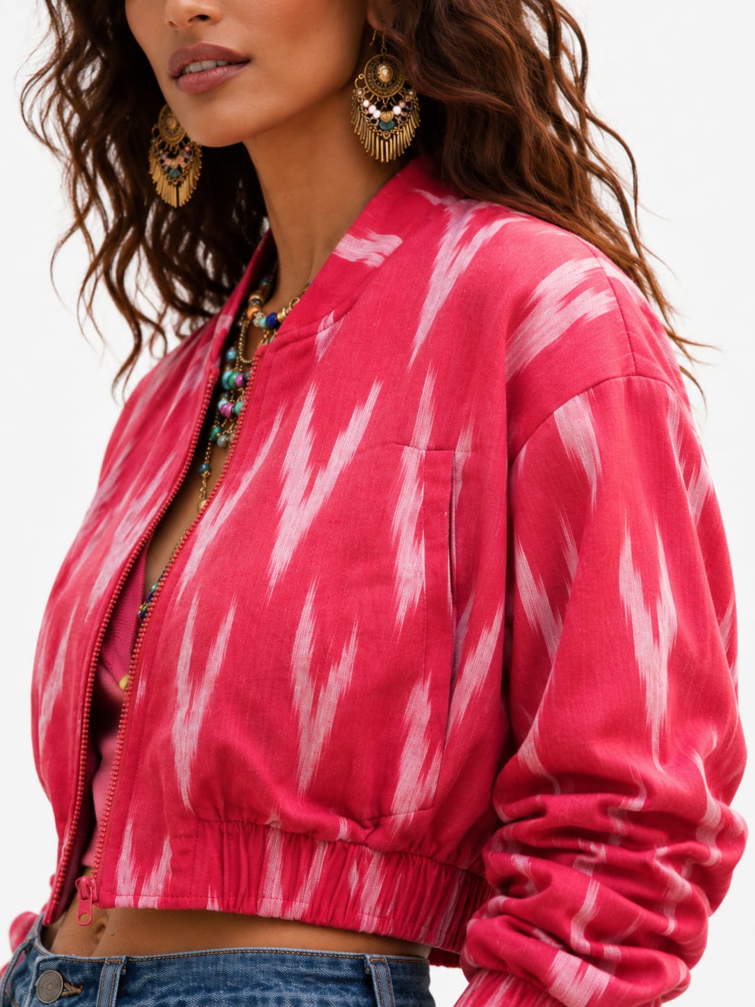 Pink Ikat Crop Bomber Jacket