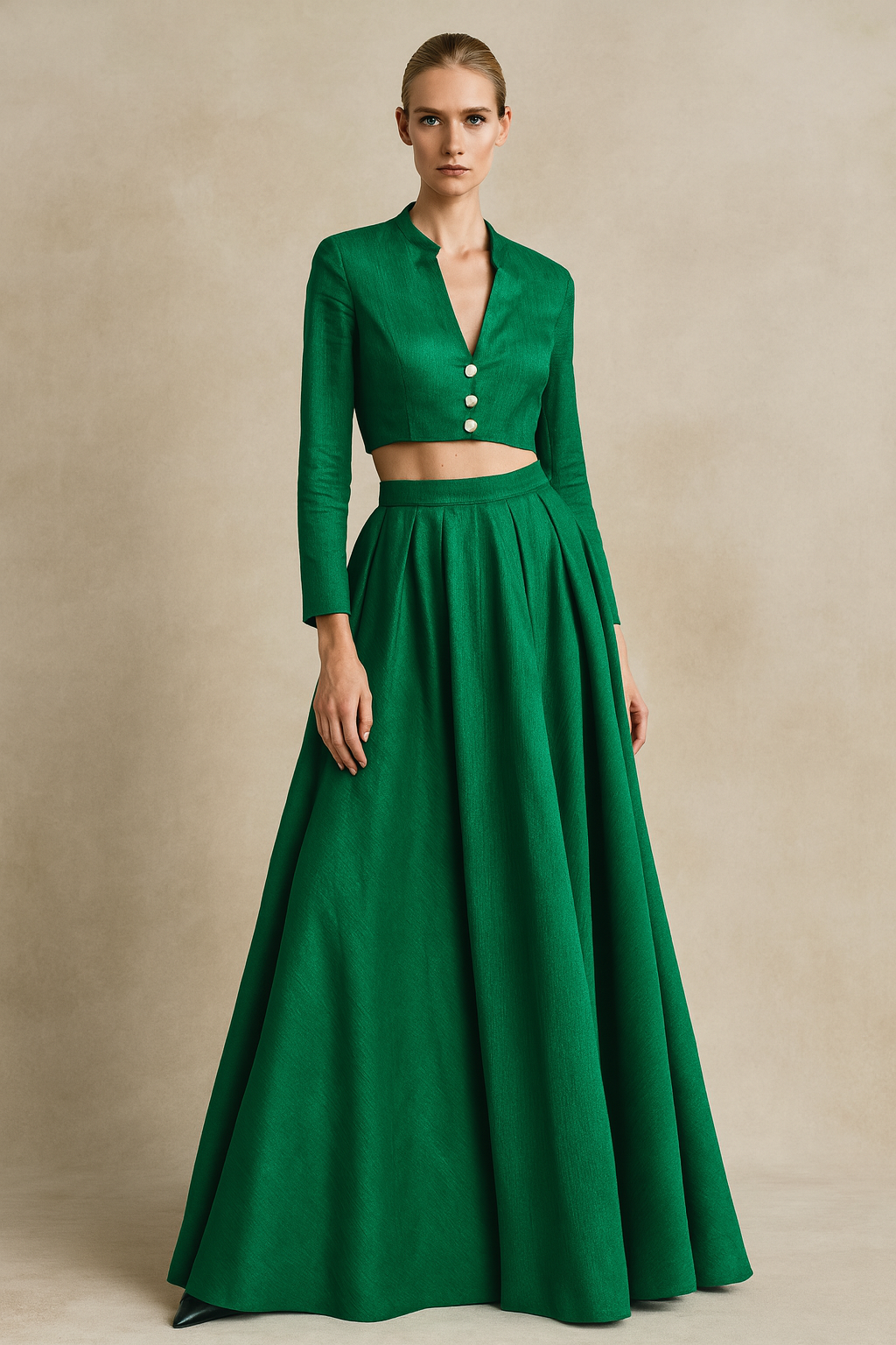 Emerald Green Structured Crop Top with Flared Skirt Set