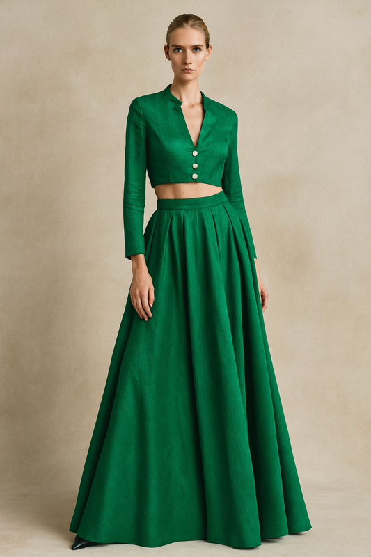 Emerald Green Structured Crop Top with Flared Skirt Set