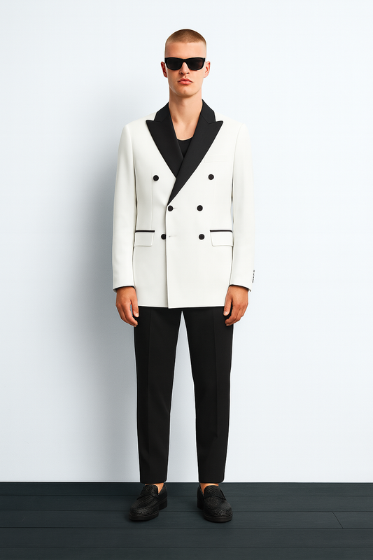 White Double-Breasted Contrast Tuxedo