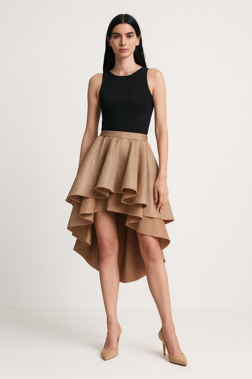 Camel Ruffle High-Low Skirt