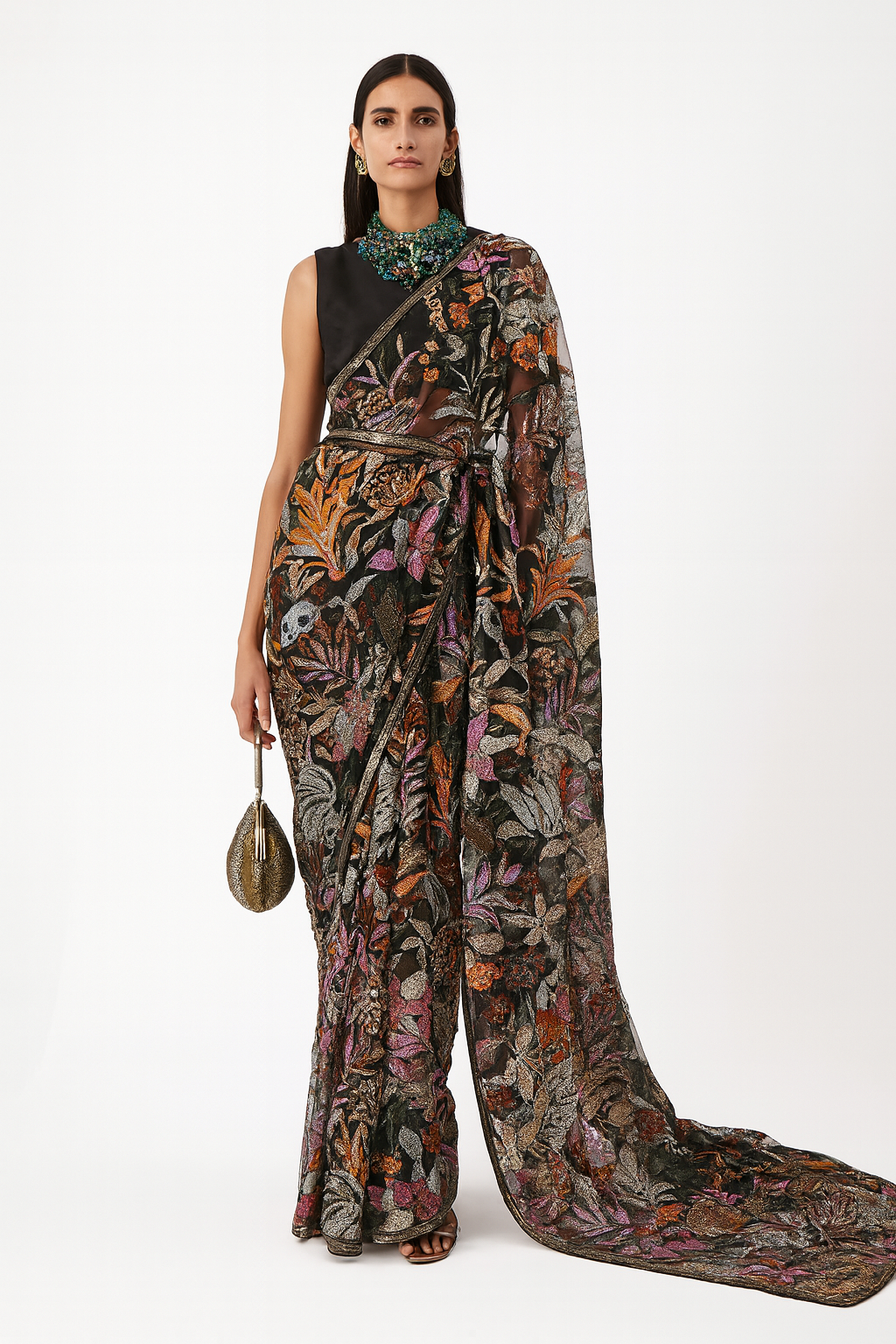 Midnight Bloom Embroidered Saree