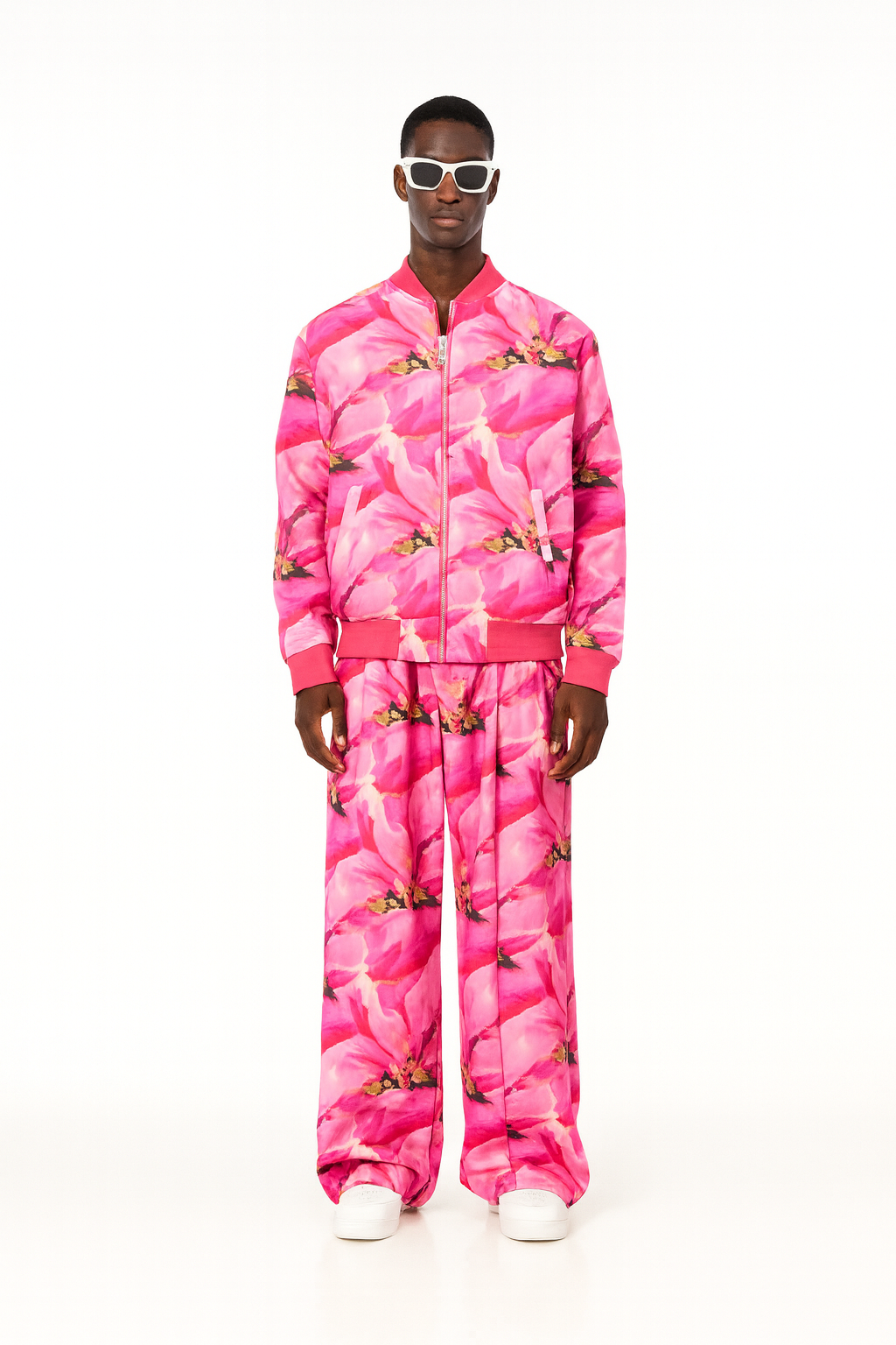 Pink Bloom Men’s Bomber Jacket & Wide-Leg Pant Set