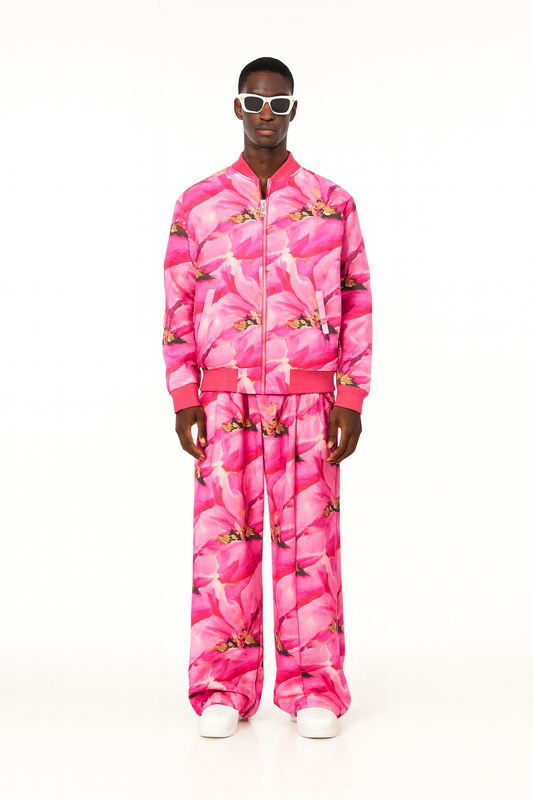 Pink Bloom Men’s Bomber Jacket & Wide-Leg Pant Set