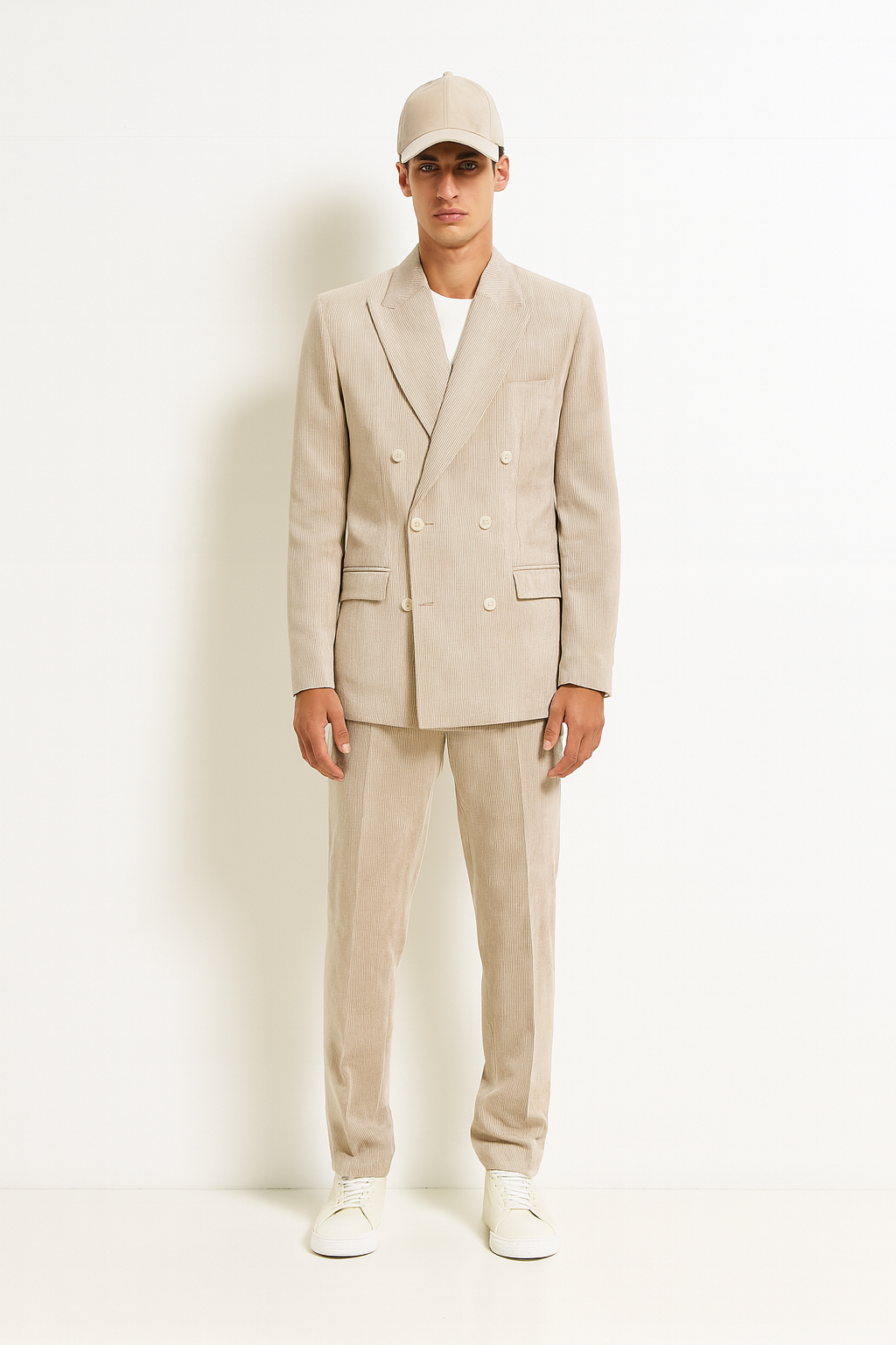 Beige Corduroy Double-Breasted Suit