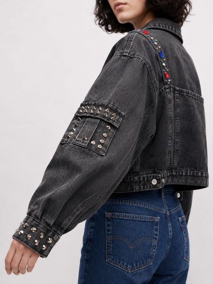 Studded Embellished Black Denim Jacket