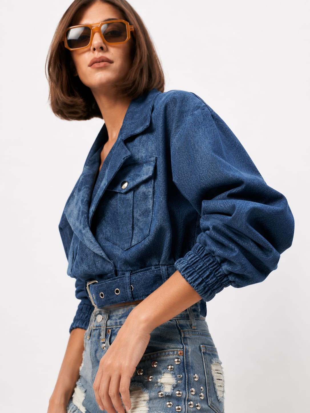 Denim Cropped Utility Jacket with Belted Waist