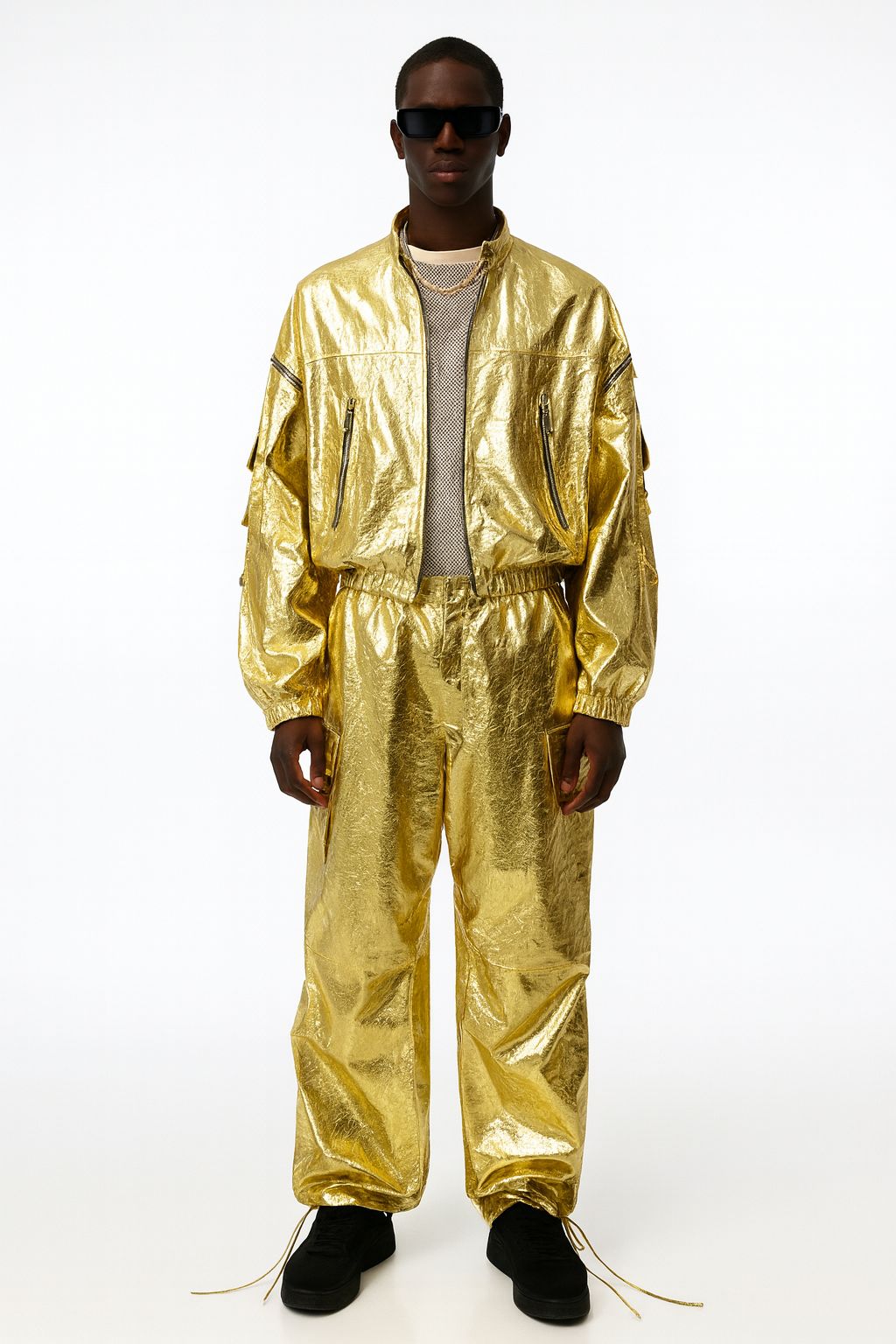Gold Metallic Oversized Bomber Cargo Coord Set