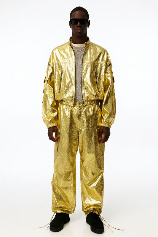 Gold Metallic Oversized Bomber Cargo Coord Set
