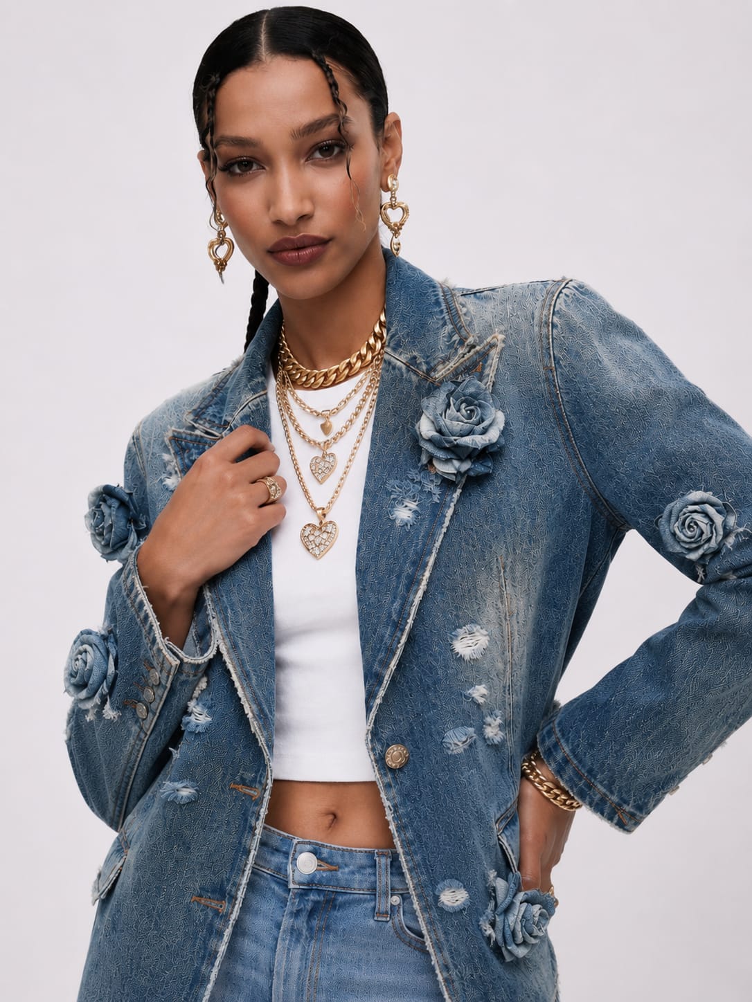 Embellished Floral Denim Blazer