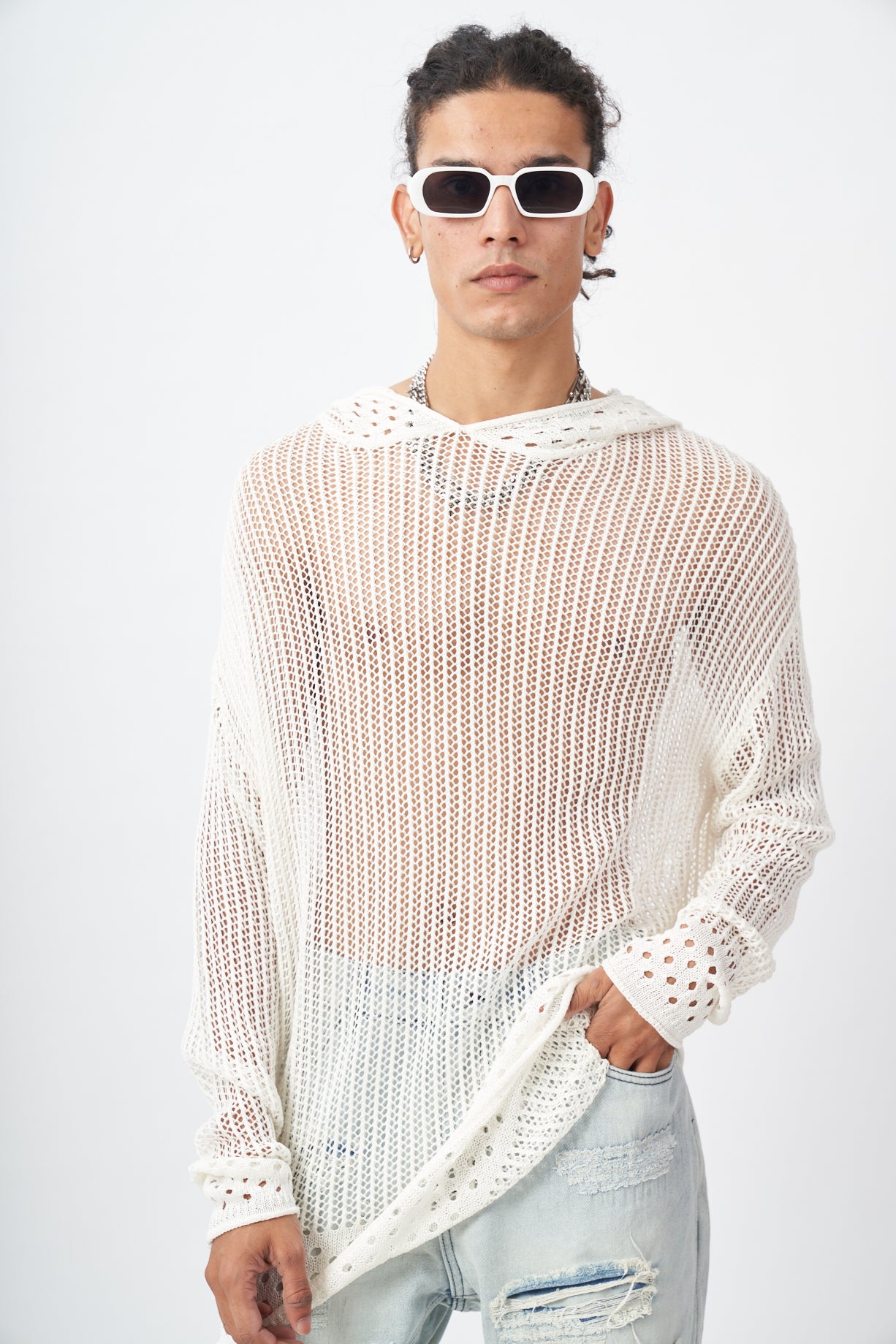 White Mesh Knit Hoodie