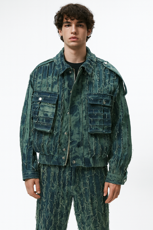 Distressed Striped Denim Utility Jacket