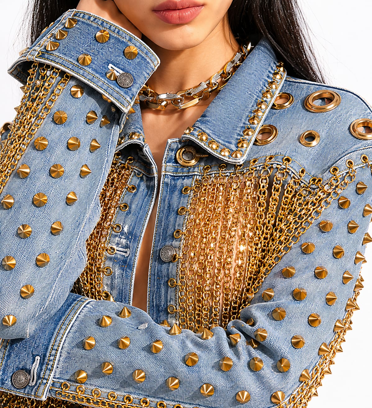Chain Fringe Studded Denim Jacket