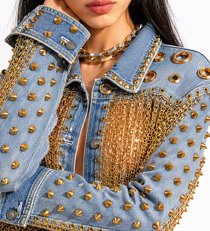 Chain Fringe Studded Denim Jacket