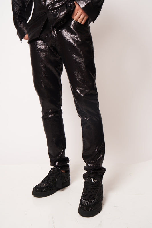 Black High-Shine Sequin Tapered Pants