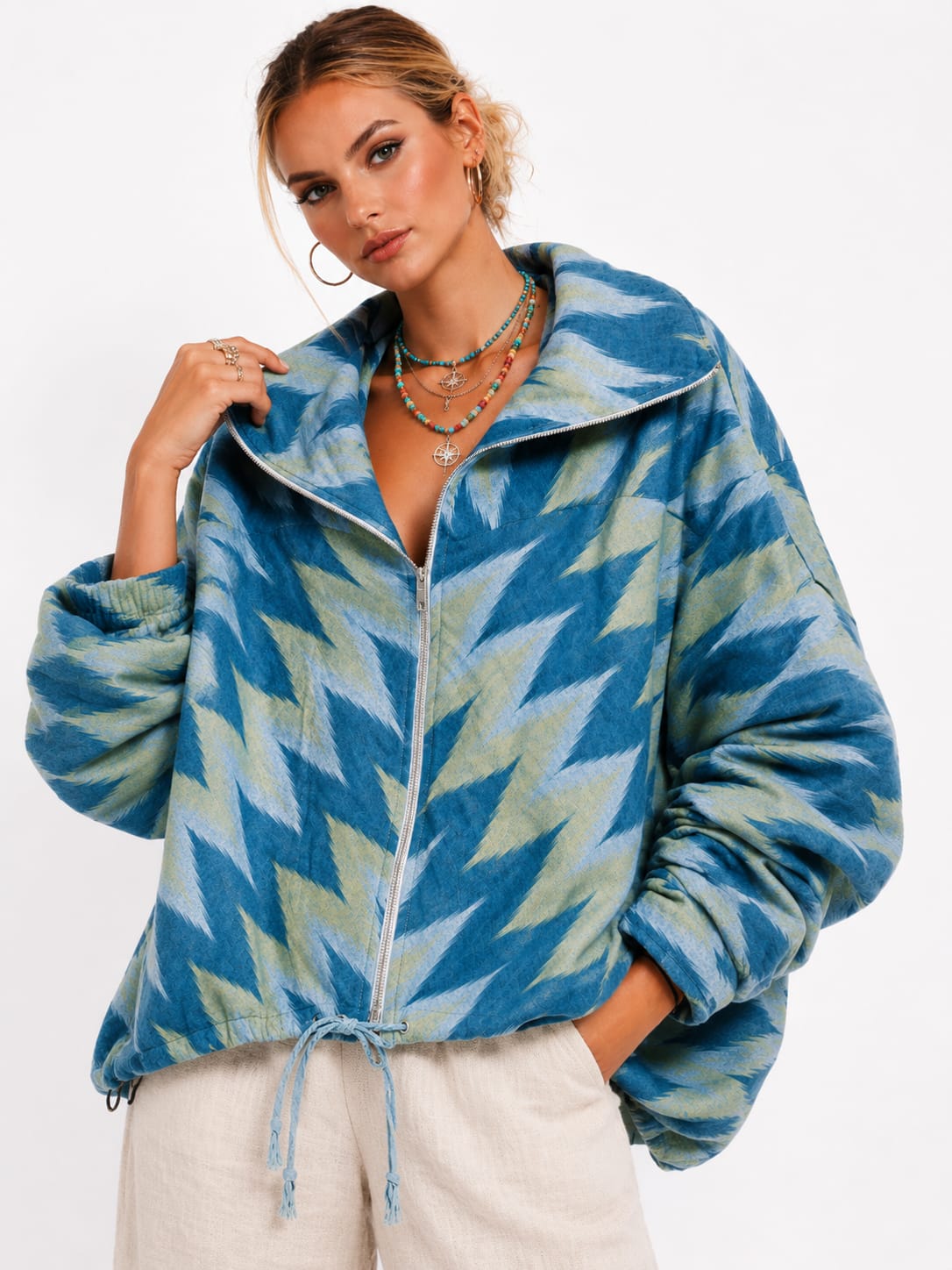 Blue Ikat Zip-Up Oversized Jacket
