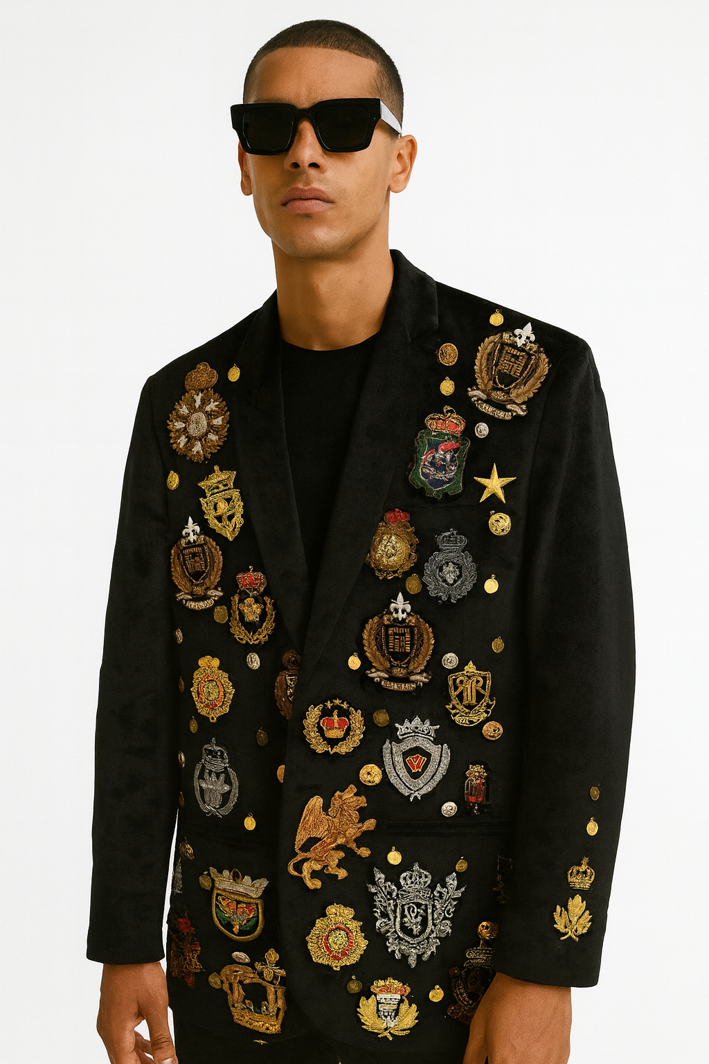 Black Velvet Crest Embellished Blazer