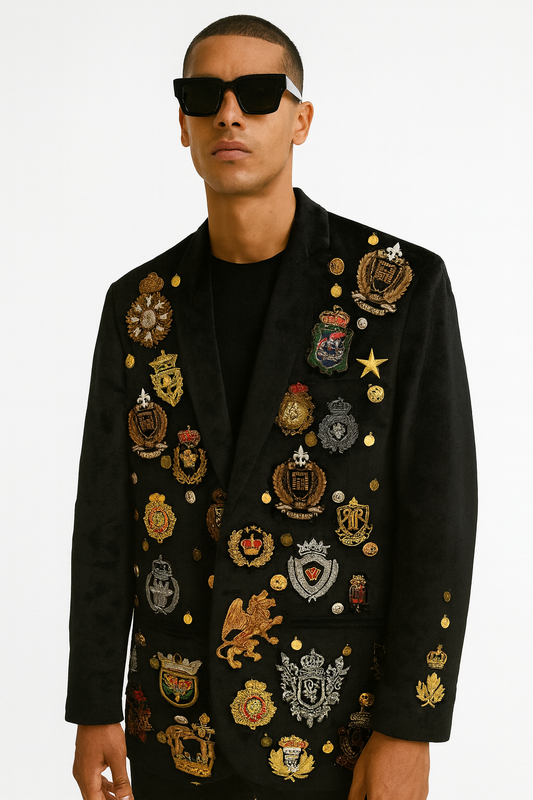 Black Velvet Crest Embellished Blazer