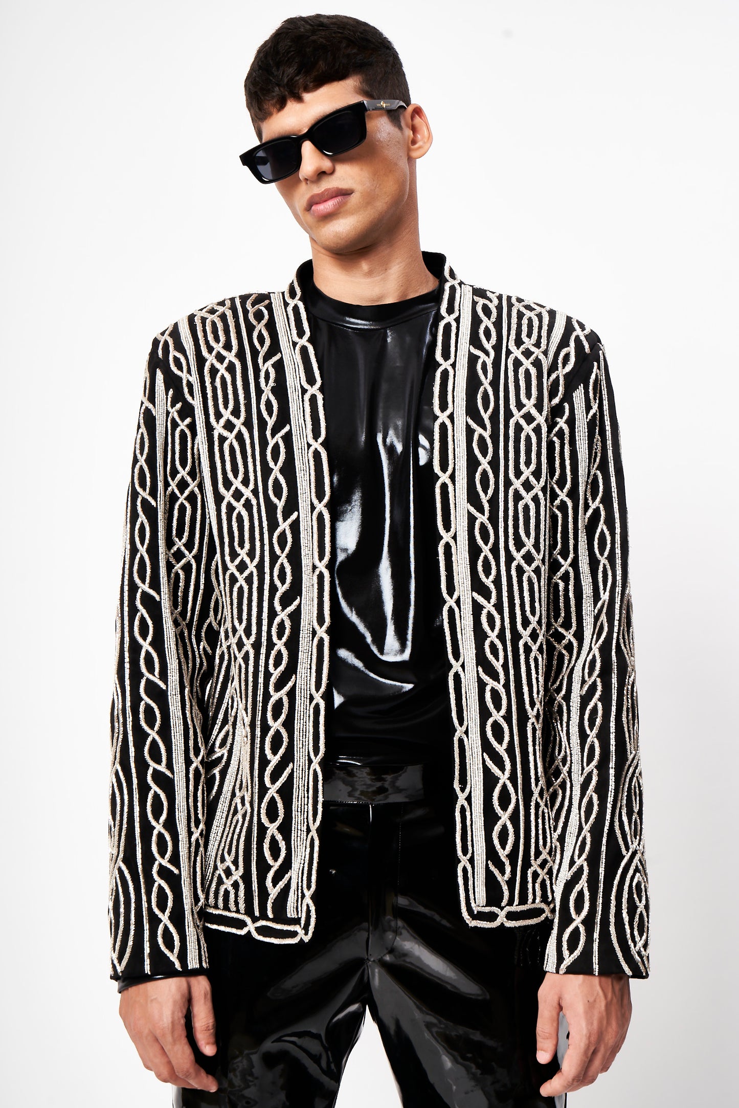 Black Velvet Beaded Linear Embroidery Jacket