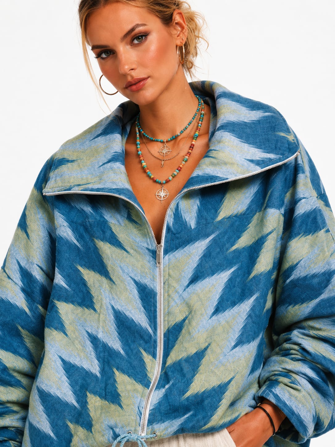 Blue Ikat Zip-Up Oversized Jacket