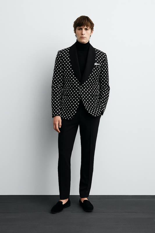 Black Jacquard Pattern Tuxedo Suit – Premium Shawl Lapel