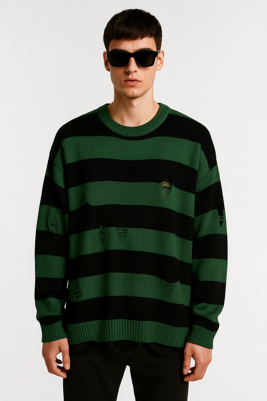 Distressed Green & Black Striped Knit Jumper