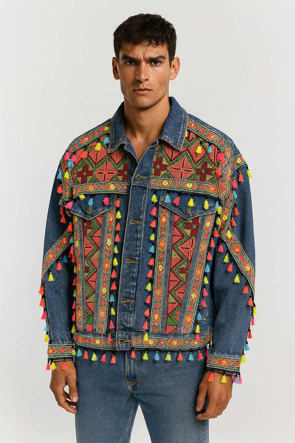 Multicolor Tribal Embroidered Tassel Denim Jacket