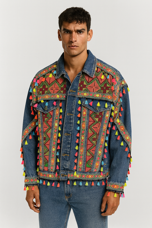 Multicolor Tribal Embroidered Tassel Denim Jacket