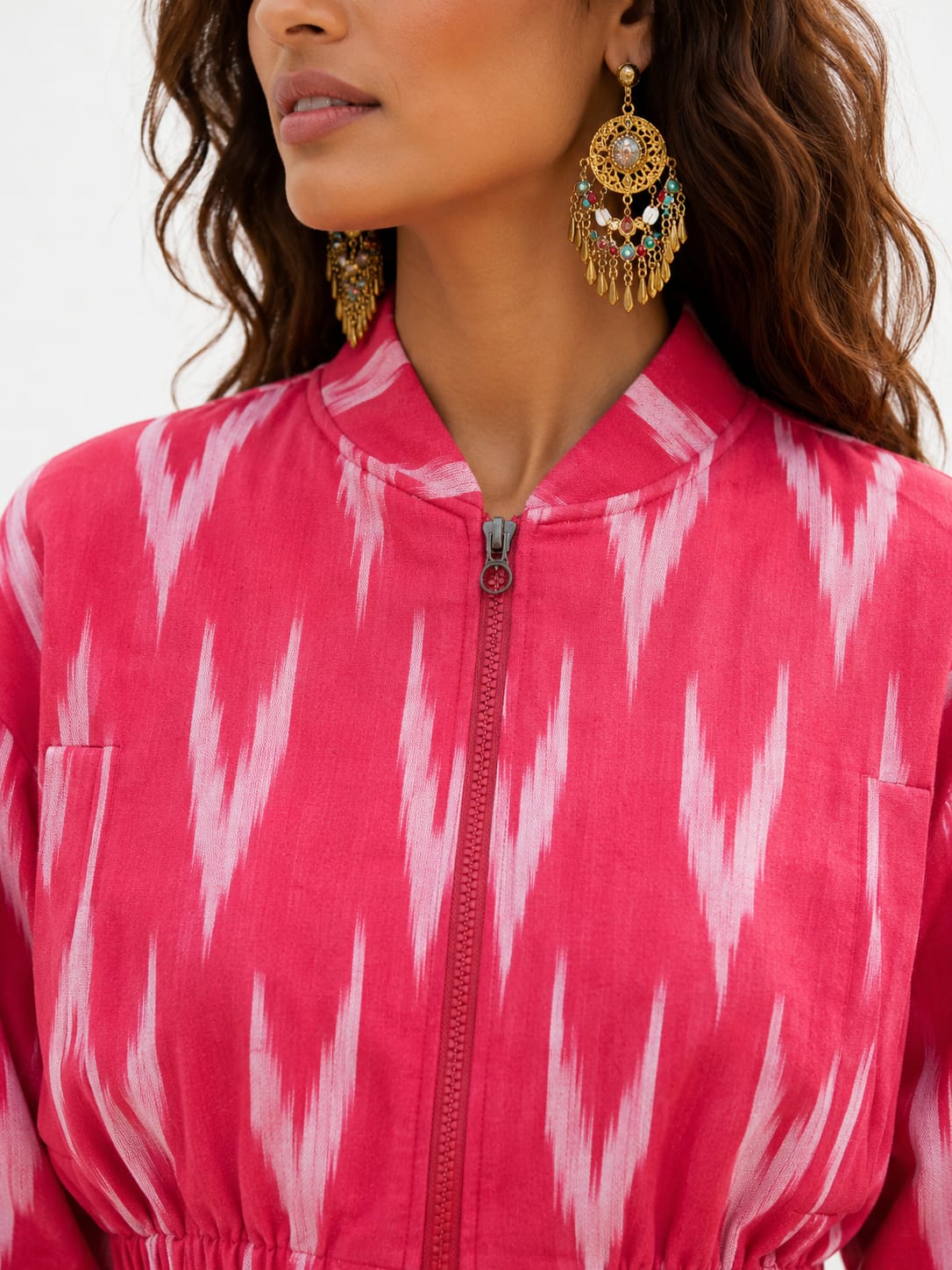 Pink Ikat Crop Bomber Jacket