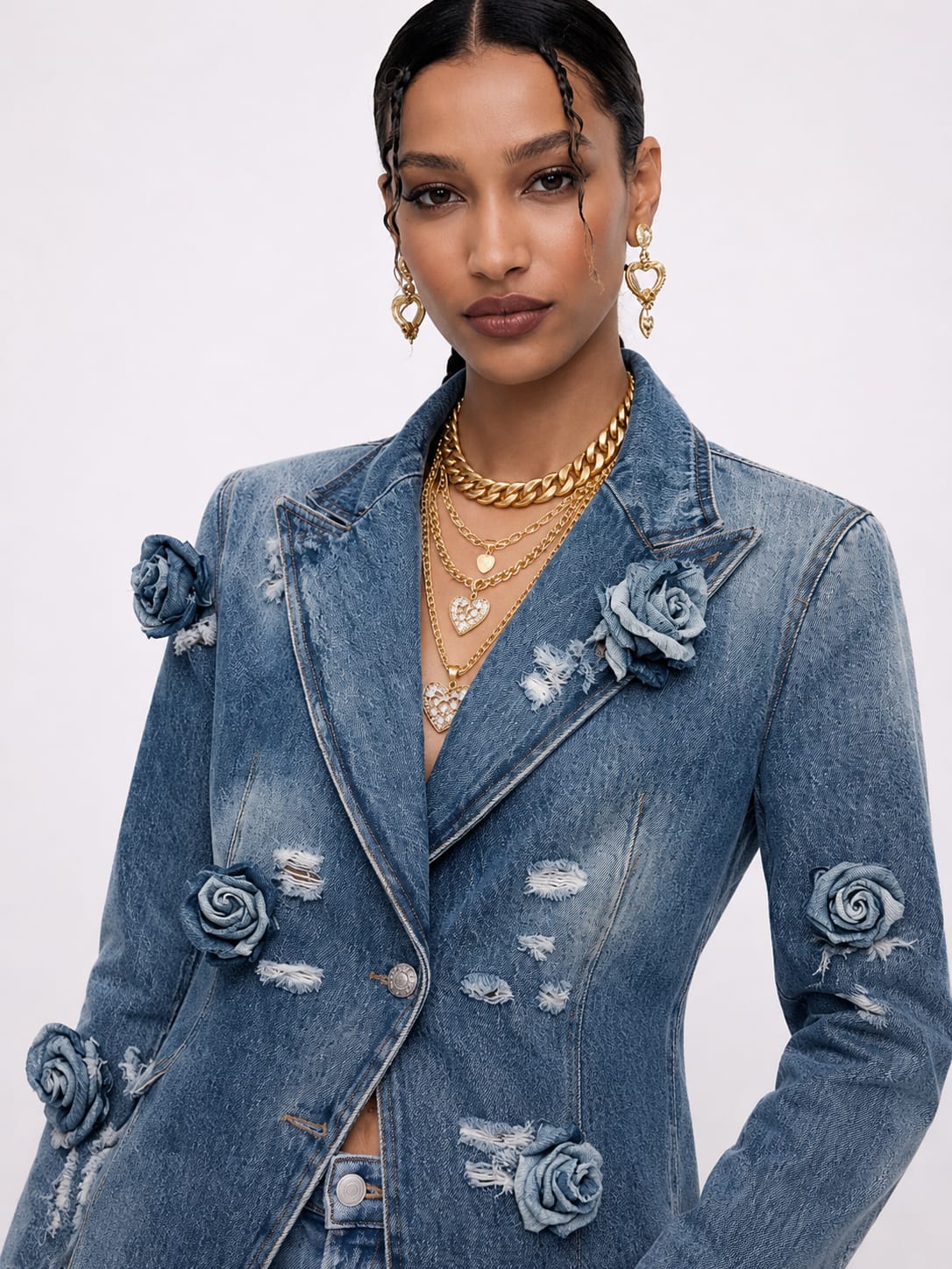 Embellished Floral Denim Blazer