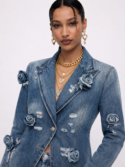 Embellished Floral Denim Blazer