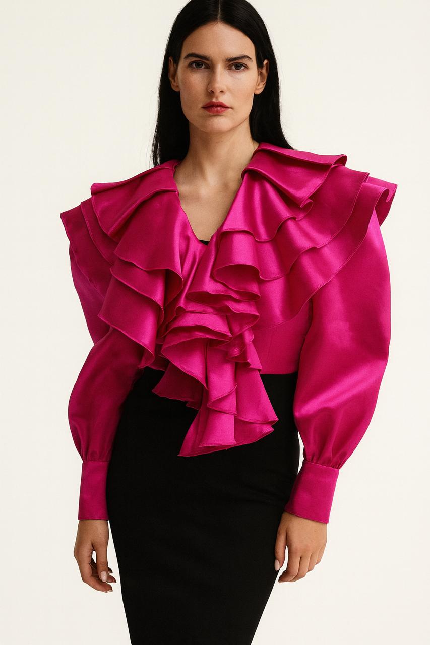 Fuchsia Satin Ruffle Statement Blouse