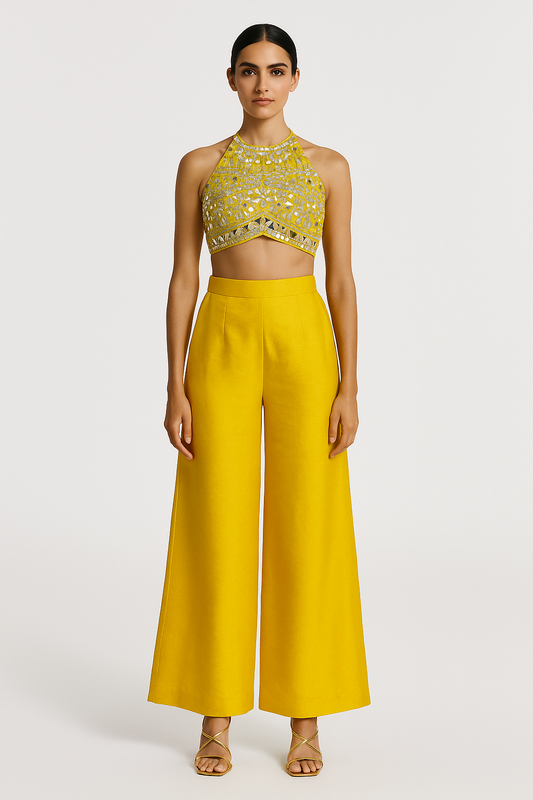 Yellow Mirror Work Crop Top with Wide-Leg Pants Set