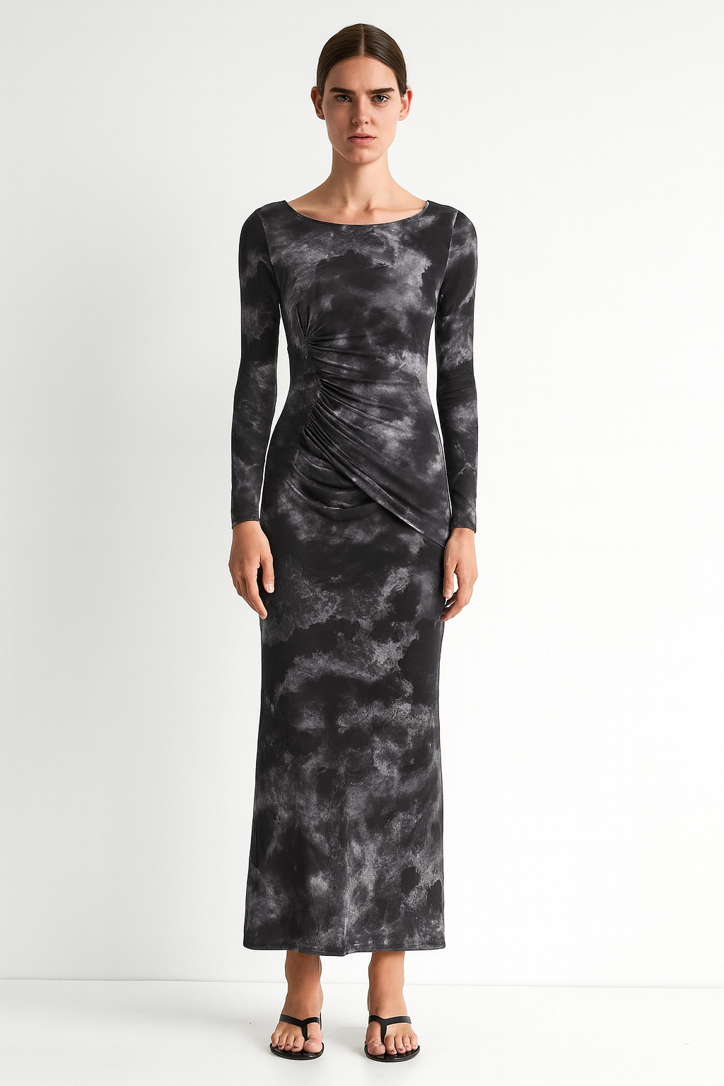 Marble Tie-Dye Ruched Bodycon Maxi Dress