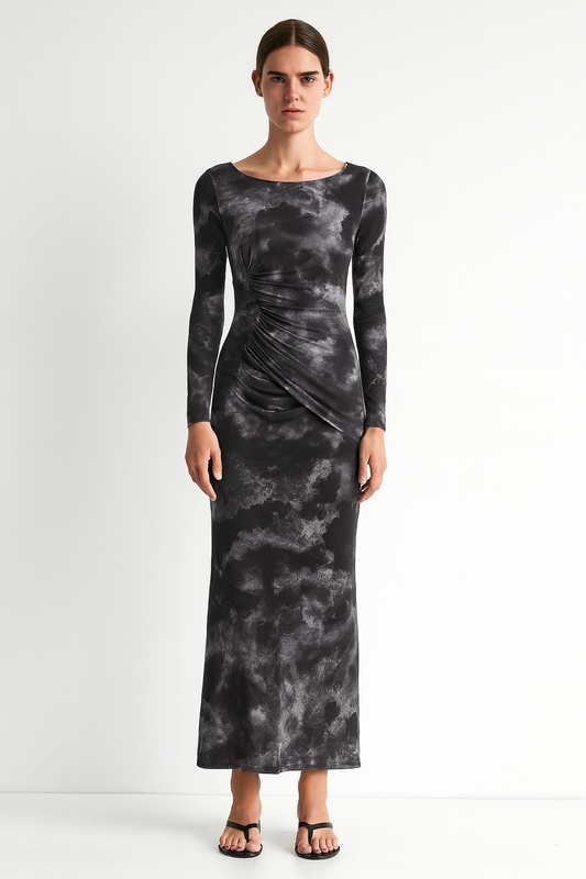 Marble Tie-Dye Ruched Bodycon Maxi Dress