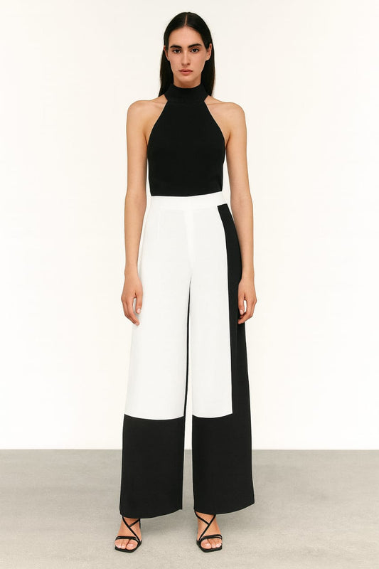 Monochrome Wide-Leg Colorblock Trousers