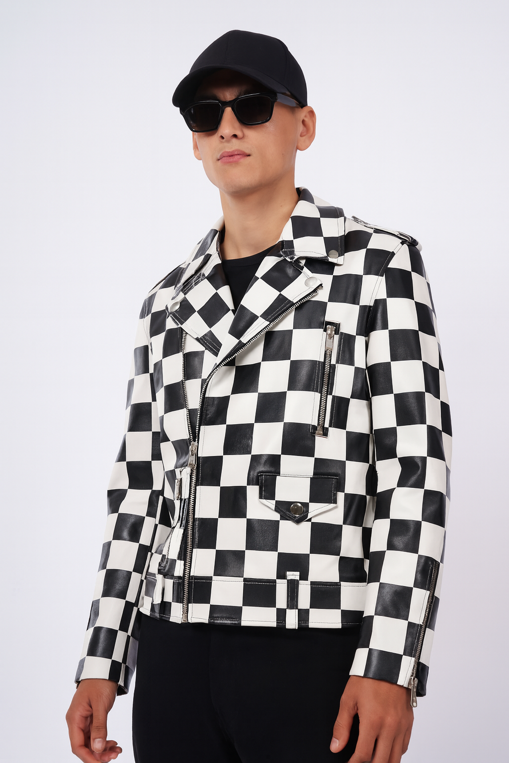 Black & White Checkerboard Leather Biker Jacket