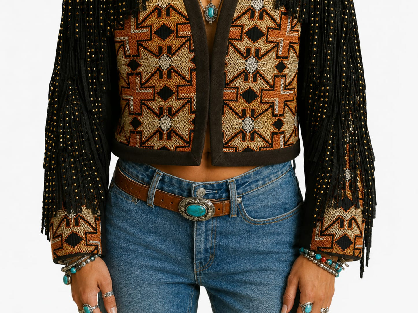 Tribal Fringe Studded Crop Jacket