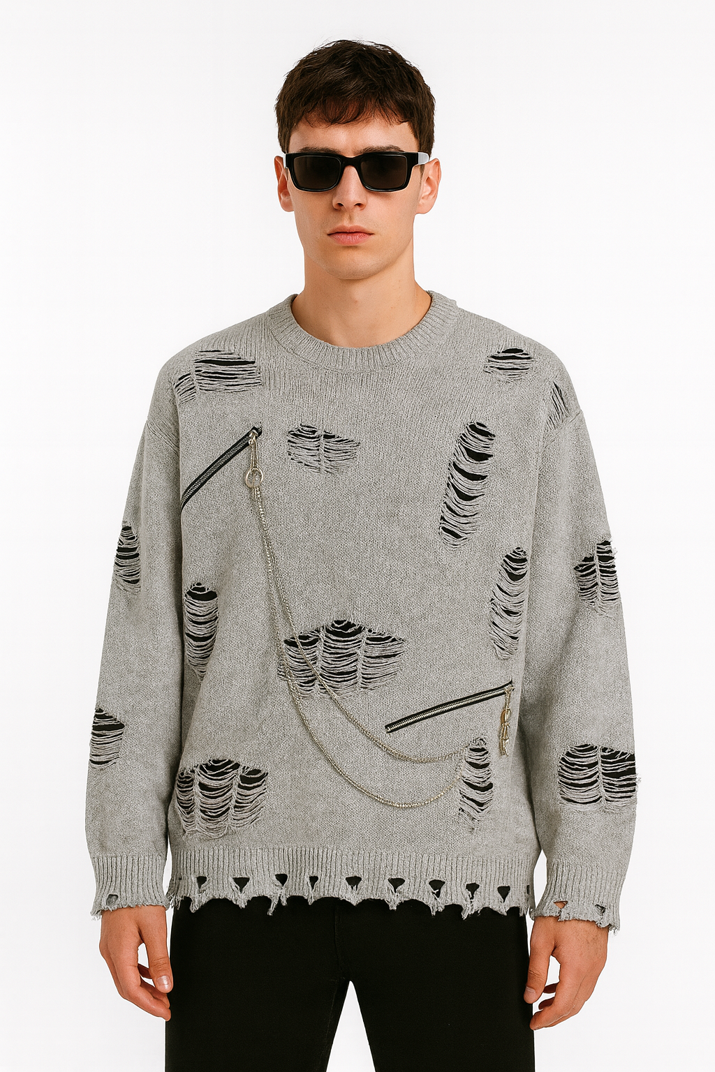 Grey Distressed Chain Detail Knit Jumper
